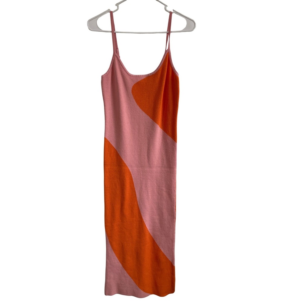 Retro Boho Pink Orange Abstract Swirl Knit Maxi Dress Adjustable Straps Small